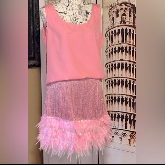 Ballerina Pink Sexy Fringe Feather Skirt Set With Tassles, 2 Piece Set - Picture 10 of 10
